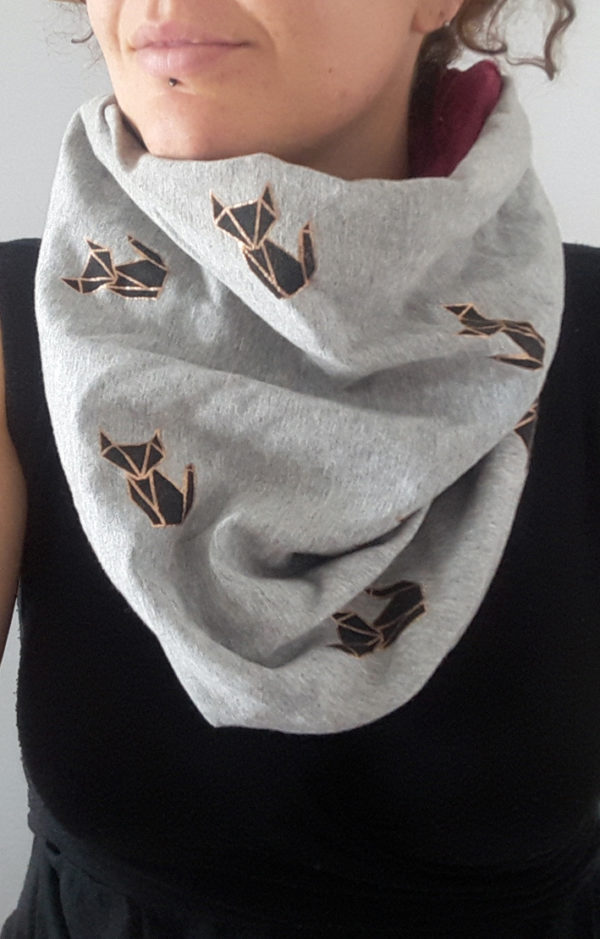 Snood en molleton et velours tissu renard origami