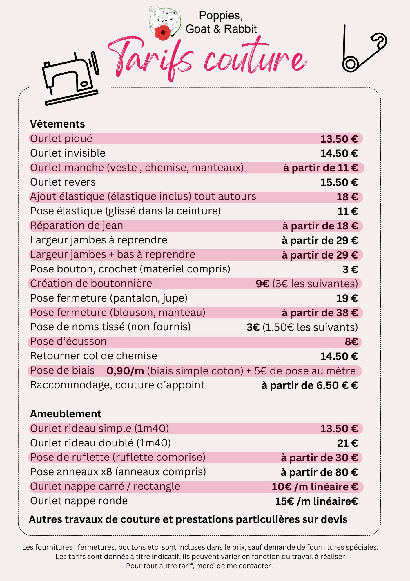 résumé tarifs couture le mans